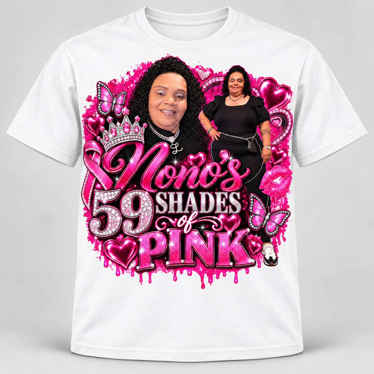 Black T-shirt featuring the Nono's 59 Shades of Pink design